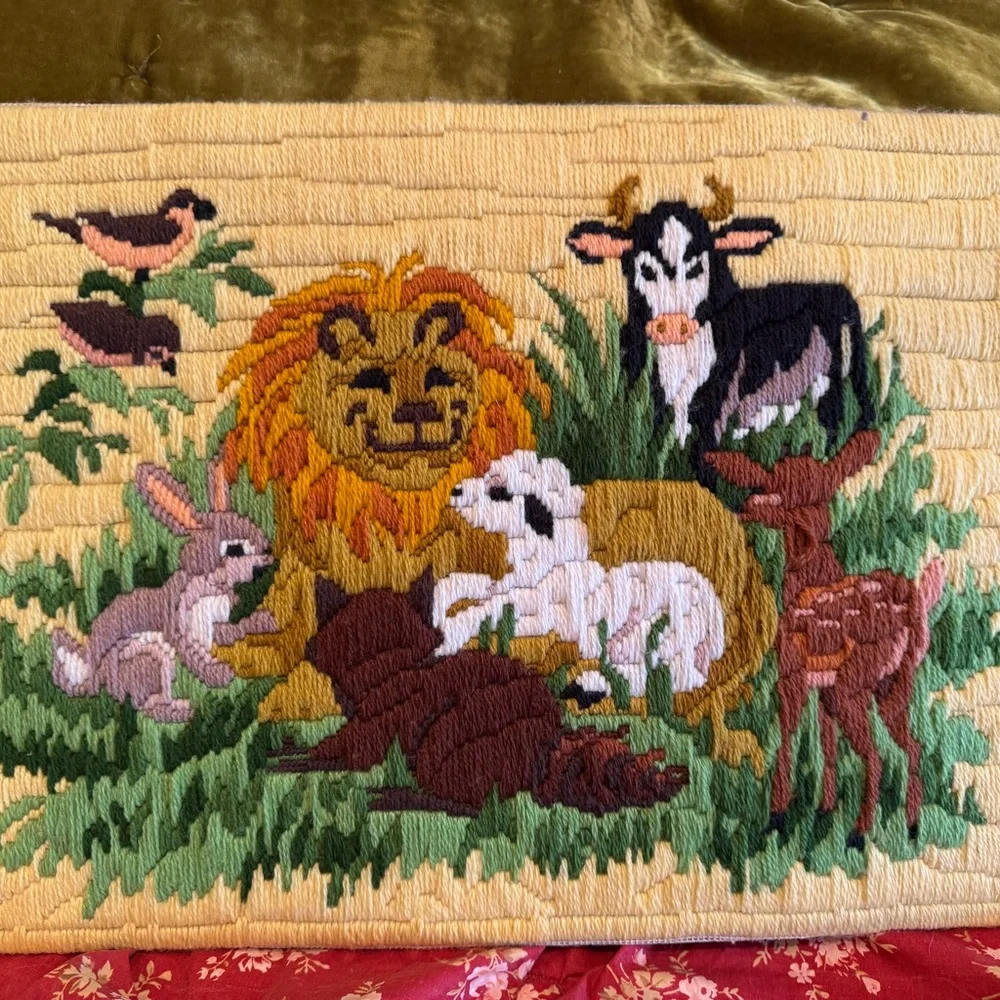 Vintage Yellow and Green Embroidered Nursery Cute Animals Lion Bunny Deer
